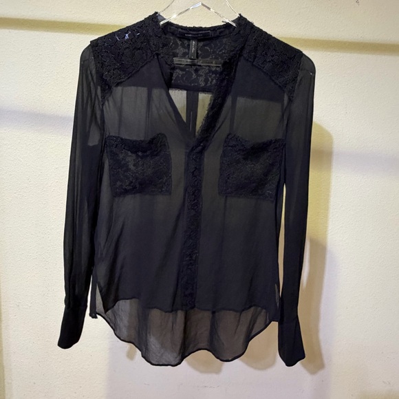 BCBGMaxAzria Tops - BCBGMaxAzria Black Lace Detail Sheer Blouse